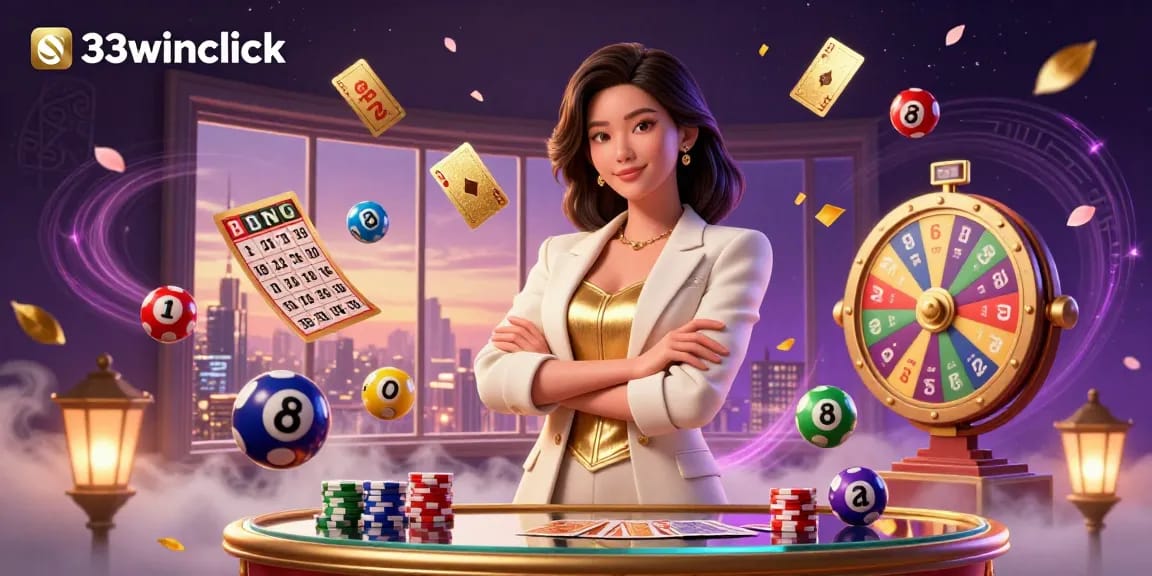 Engage with thrilling games at 33winclick's vibrant casino scene featuring a glamorous card player and dynamic lottery elements.