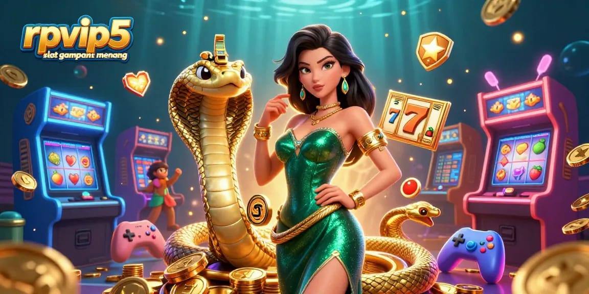 Experience rpvip5 slot gampang menang with vibrant 3D gaming illustration showcasing exciting slot elements.
