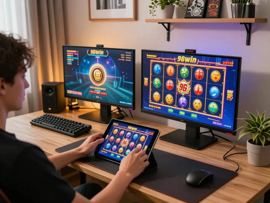 Player engaging with 98win online slots on tablet, showcasing exciting gameplay