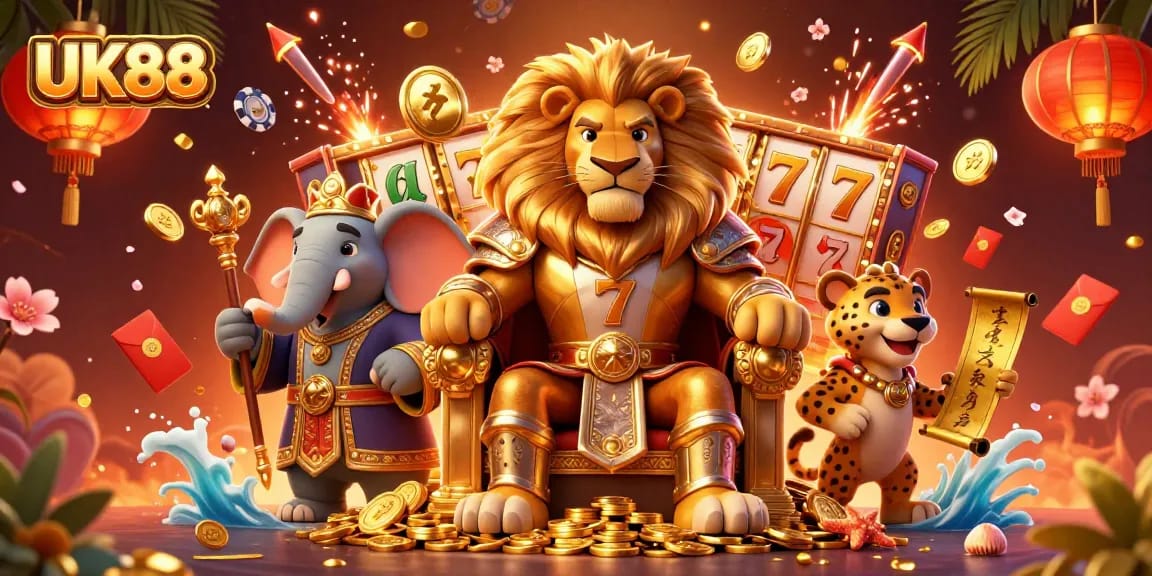 Experience the thrill of UK88 with dynamic slot reels and vibrant casino elements.