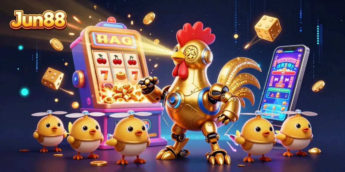 Engage with exhilarating Jun88 casino adventures featuring golden rooster robot and baby chick drones.