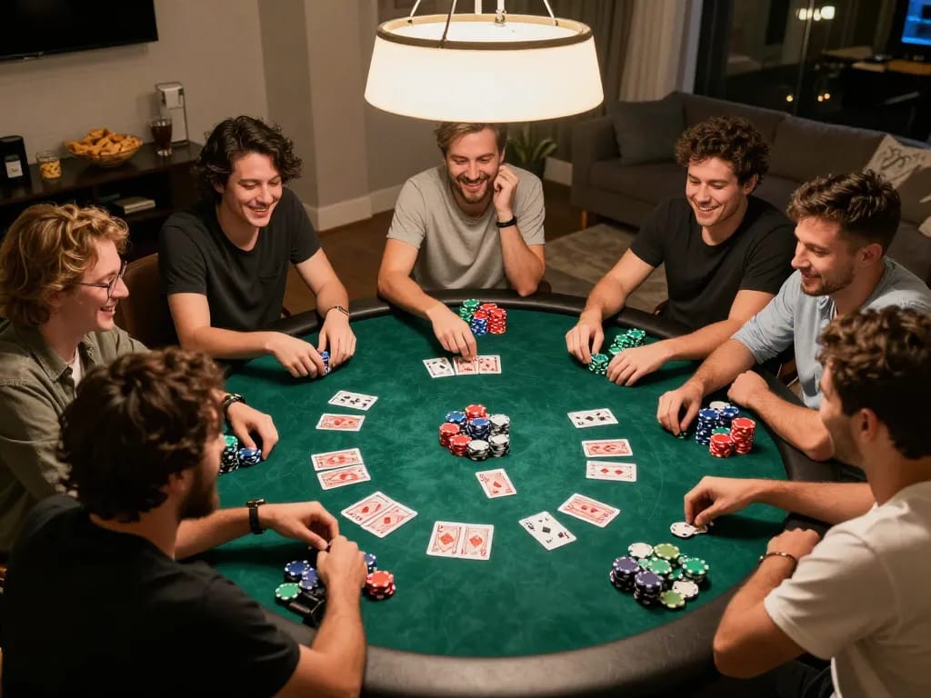Engaging poker night scene featuring kdslot gameplay strategy with friends at home