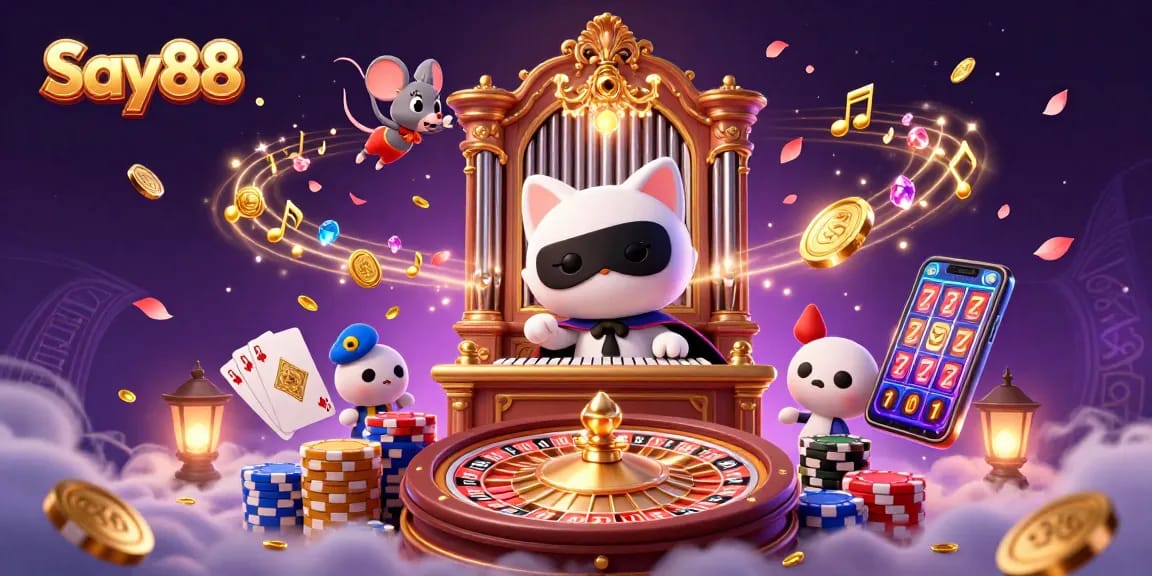 Experience thrilling gameplay at Say88 with a dynamic casino scene featuring vibrant 3D elements.