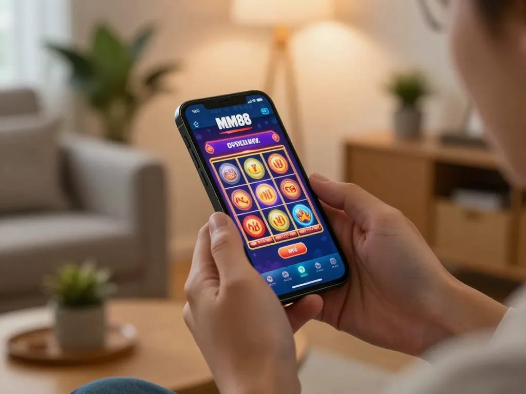 Player enjoying the MM88 casino app on a smartphone in a cozy modern setting, highlighting engaging gameplay.