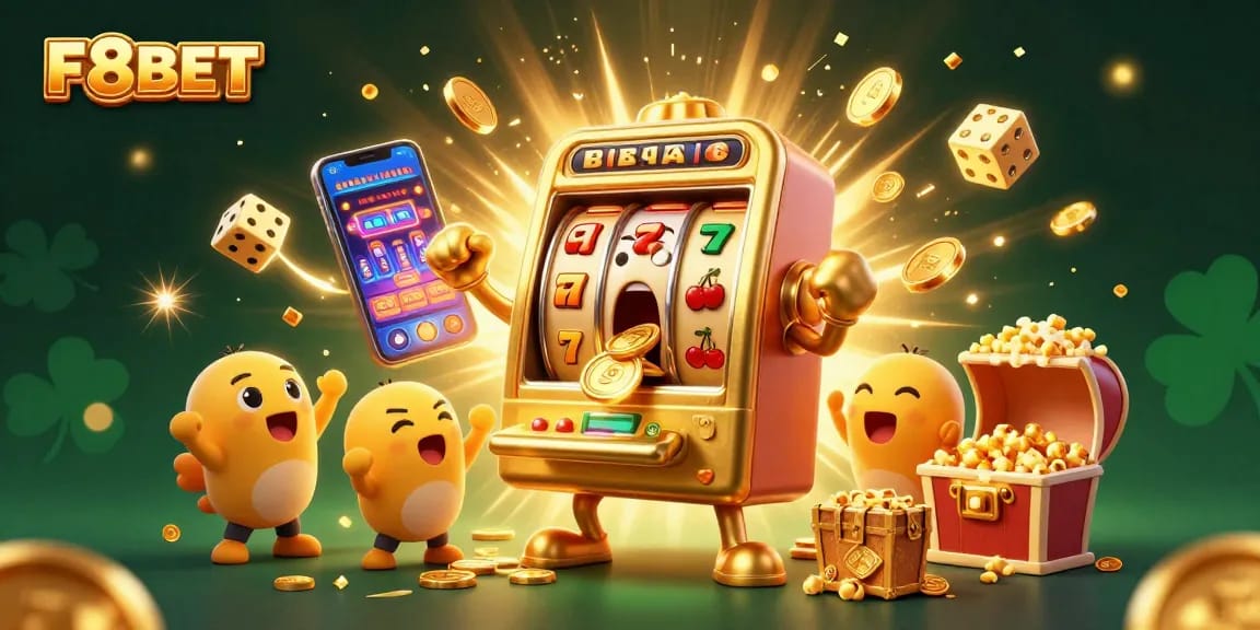 F8BET's golden slot machine celebrates a jackpot win amidst a vibrant casino scene filled with excitement.
