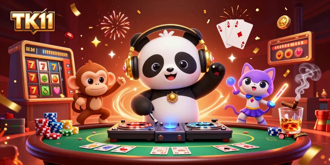 Engage with TK11's vibrant and dynamic 3D casino scene showcasing slot reels, poker chips, and lively characters.