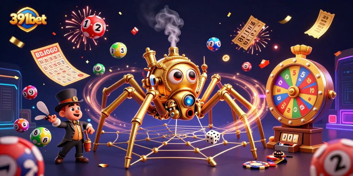 Experience the excitement of 391bet with a vibrant casino-themed illustration featuring lively elements like lottery balls and prize wheels.