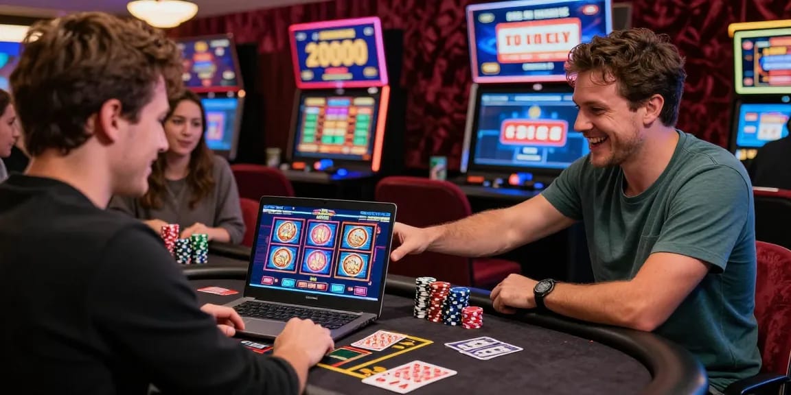 Exciting scene at credit card casinos, player enjoying games on a laptop surrounded by vibrant atmosphere and casino decor.