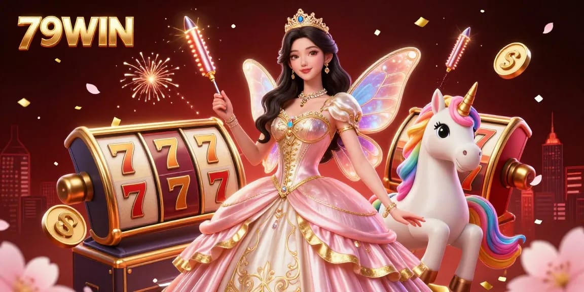 Experience thrilling slots with 79WIN as a glamorous woman celebrates winning amidst vibrant casino elements.