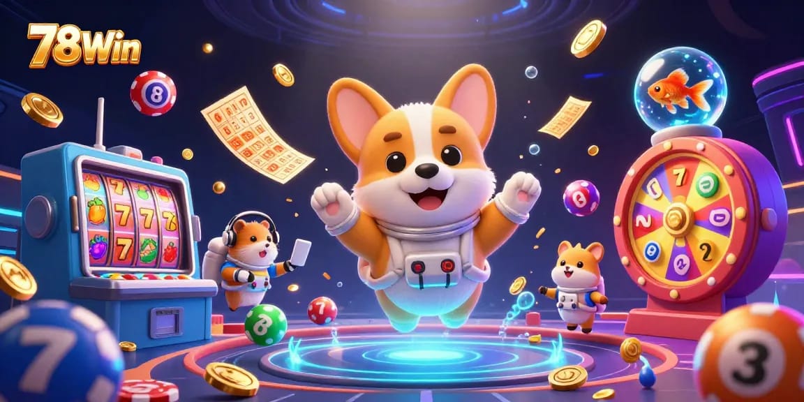 Engage with the 78Win casino experience as a corgi astronaut floats amidst slot reels and colorful games.