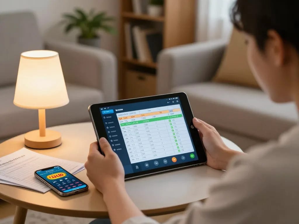 Player strategizing while enjoying Lô đề online on a tablet in a cozy home setting
