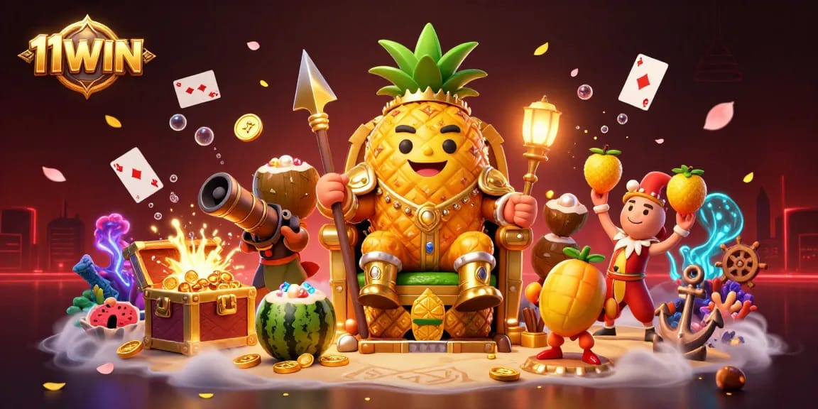Engage with thrilling 11WIN casino experiences, featuring a vibrant tropical casino scene with dazzling elements.