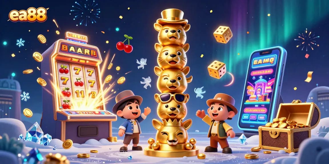 Engage with ea88's lively casino scene featuring a vibrant totem, jackpot, and colorful game elements.