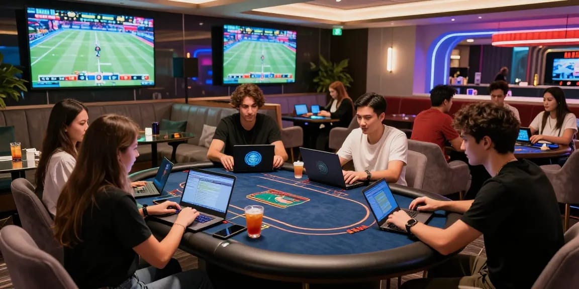 Experience the excitement of LC88 casino with friends at a vibrant gaming lounge.