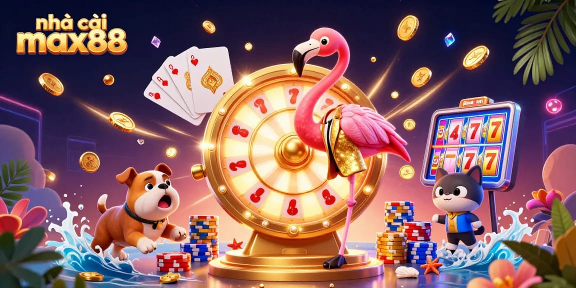 Engaging scene showcasing nhà cái max88 with vibrant 3D characters and dynamic gambling elements.