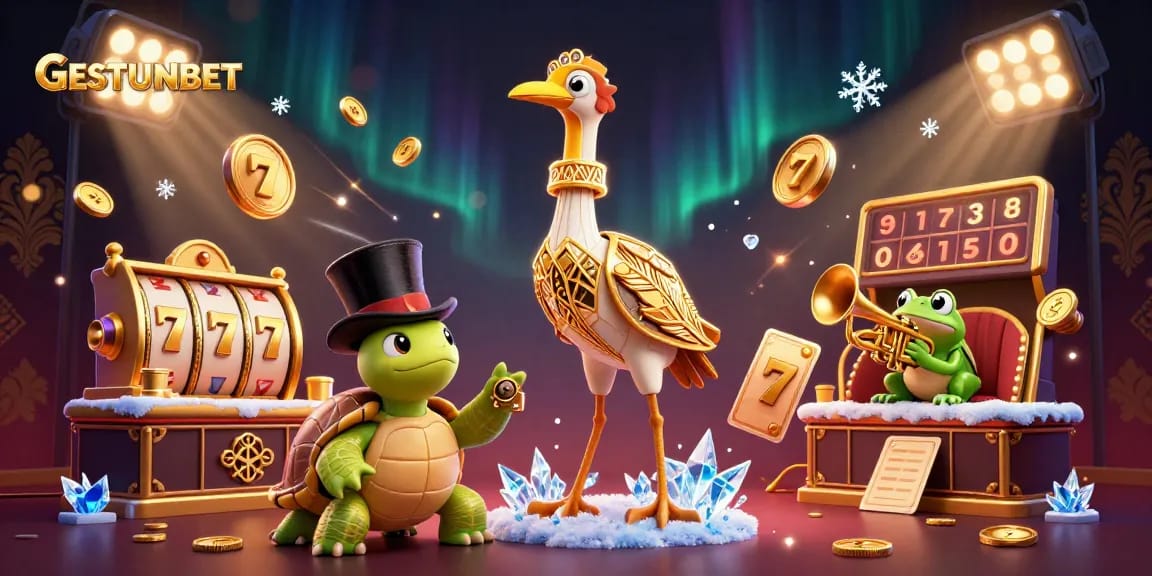 Experience GESTUNBET with vibrant casino-themed characters and dynamic gaming symbols flying through the scene.