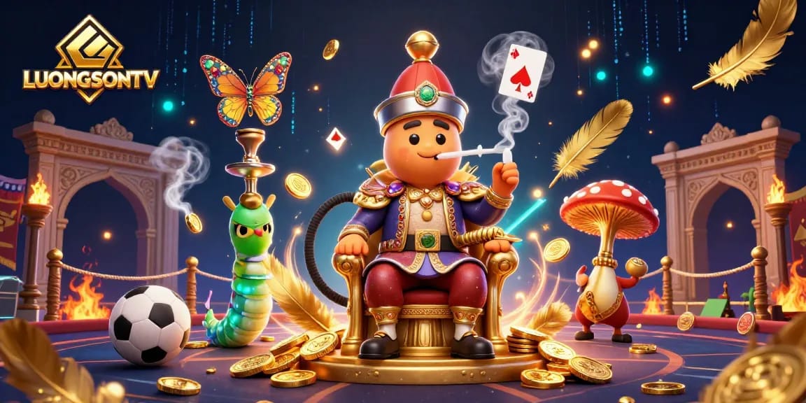 LUONGSONTV sports betting scene featuring a caterpillar in a Turkish outfit, poker symbols, and vibrant elements.