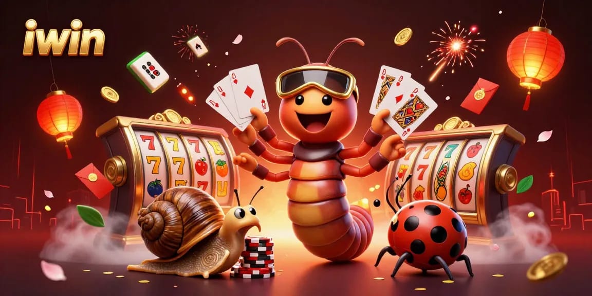Experience iwin slots action as a cartoon millipede dealer presents exciting games among glowing festive elements.
