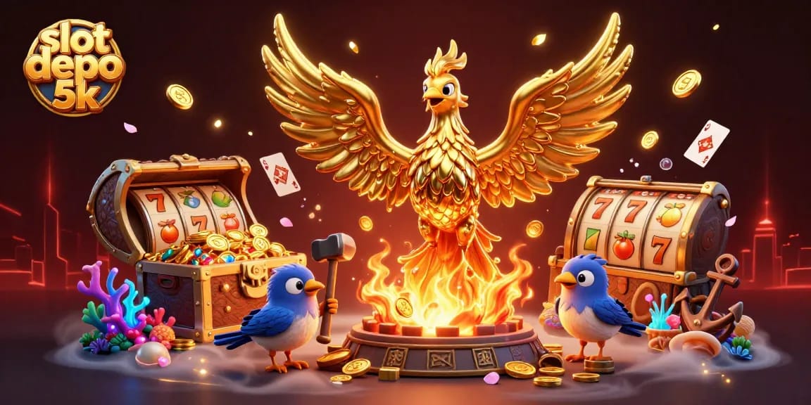 Engage with the excitement of slot depo 5k as a molten phoenix creates coins amidst vibrant casino elements.