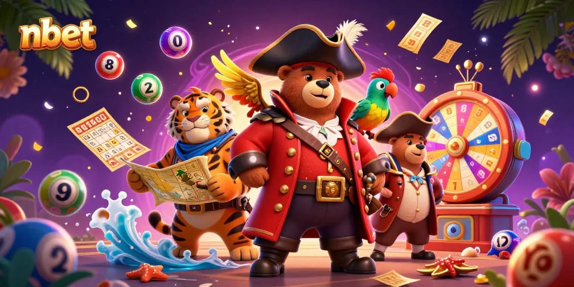 Join nbet with a vibrant 3D illustration featuring a pirate bear amidst exciting lottery and casino elements.