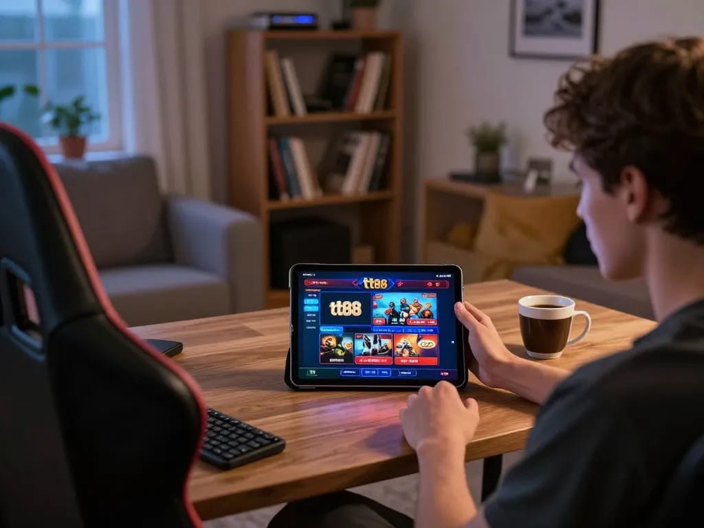 Engaging online gaming scene featuring a person using the tt88 casino tablet interface with cozy atmosphere
