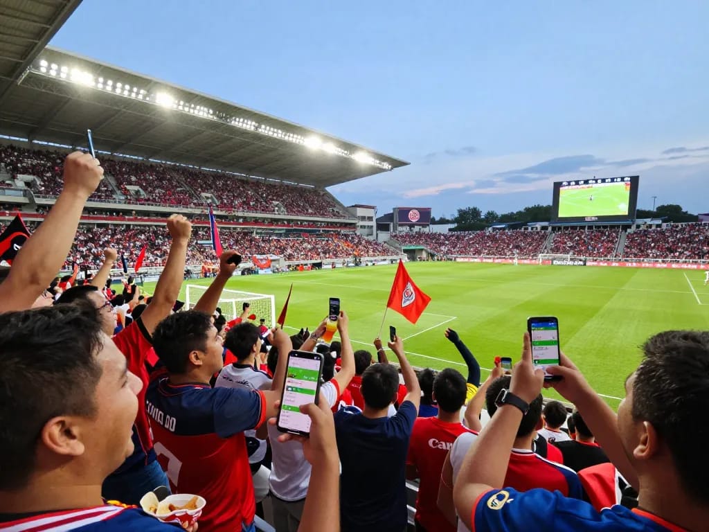 Kèo nhà cái TV live football match atmosphere with fans celebrating, showcasing betting excitement and community engagement.