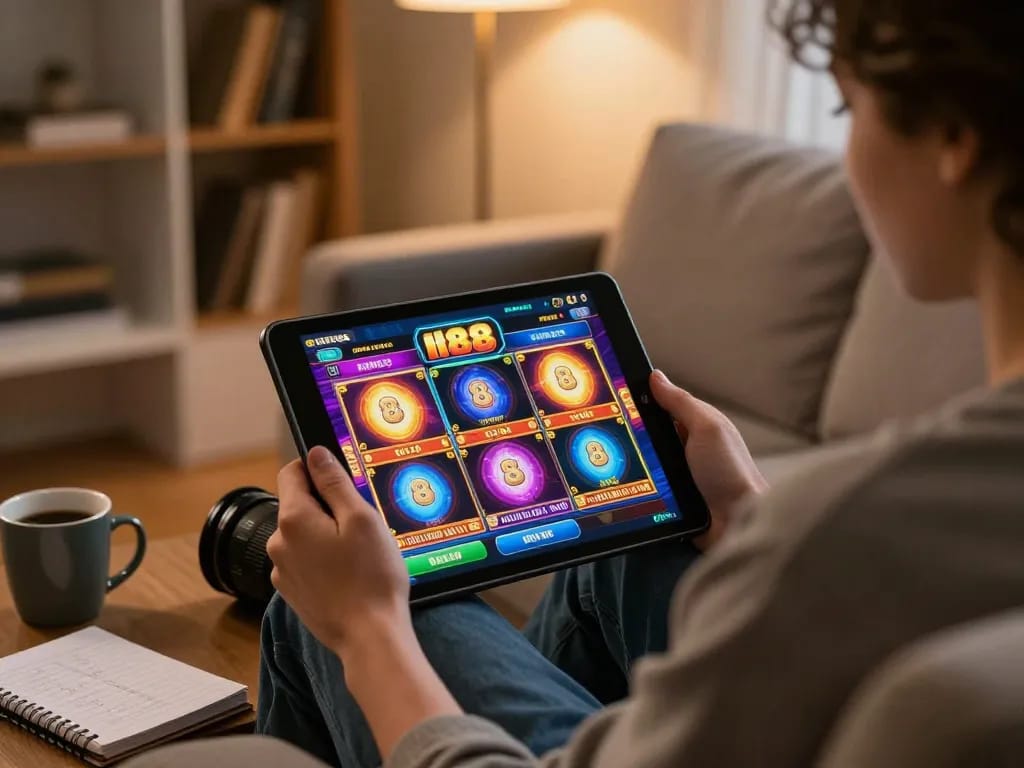 Engaging user playing slot88 on a tablet at home, displaying vibrant game graphics.
