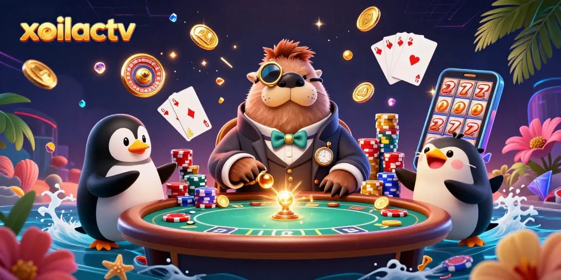 Xoilactv showcases a jolly walrus playing poker underwater, surrounded by dynamic gambling elements, capturing the thrill of casino games.