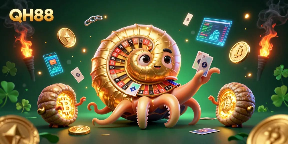 Spin the QH88 roulette wheel with a giant nautilus and glowing coins in a vibrant casino scene.