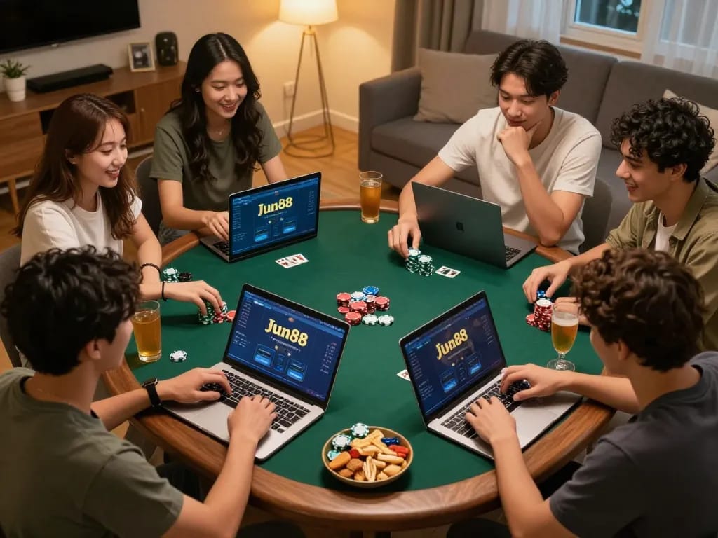 Friends playing poker online at home using the Jun88 platform, capturing excitement and strategy.