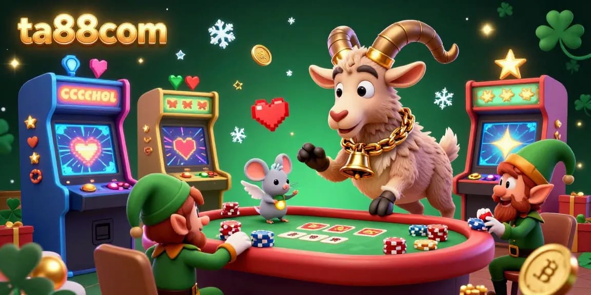 Engage in thrilling gaming action at ta88com, where a festive Krampus goat manages a vibrant casino.