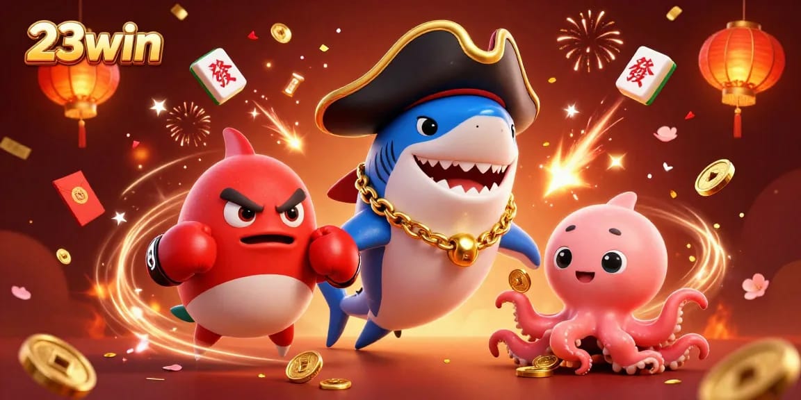 Engage with 23win's thrilling casino adventure featuring a pirate shark, pufferfish, and octopus.