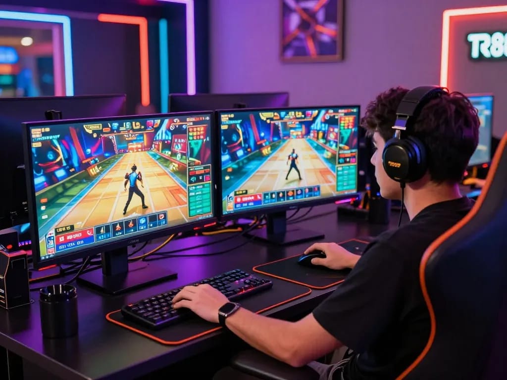 Exciting online gaming setup showcasing TR88 with dual monitors and vibrant casino graphics.