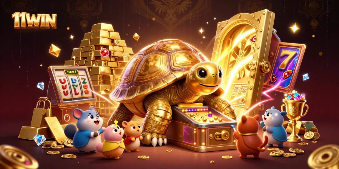 Experience the thrill of 11WIN with a vibrant casino-themed illustration of golden tortoise and riches.