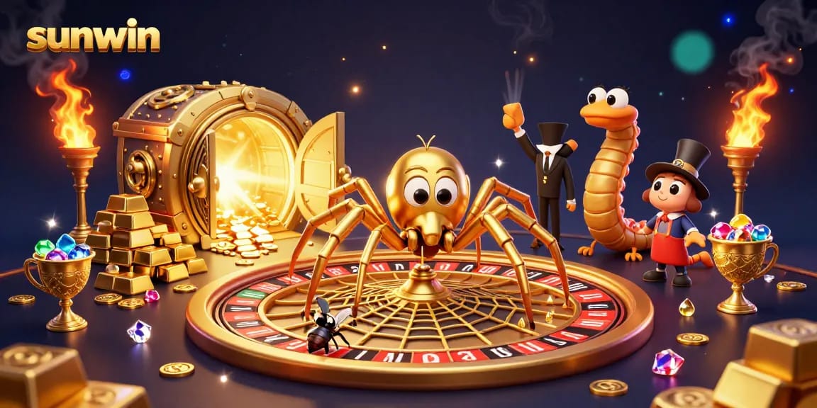 Engage in thrilling bets with Sunwin as the spider spins a roulette web, surrounded by treasure
