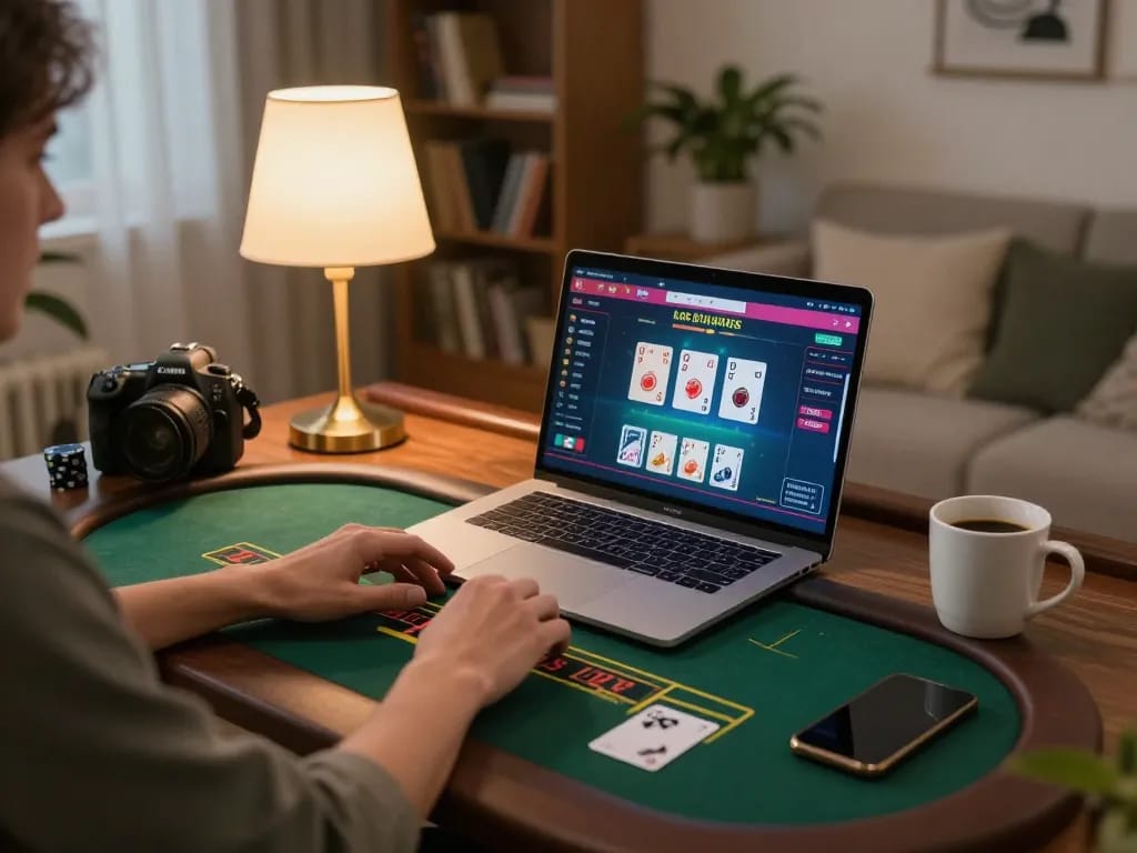 Engaging in online blackjack gameplay on a laptop, showcasing https enabled casino experience at home