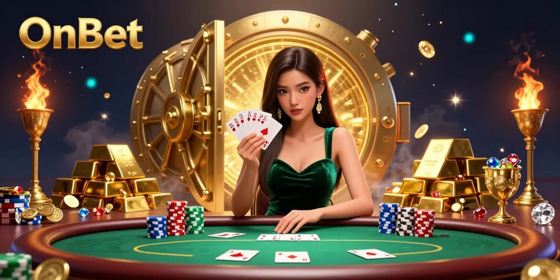 Engage with OnBet’s thrilling poker experience featuring a beautiful Asian woman surrounded by gold and gems.