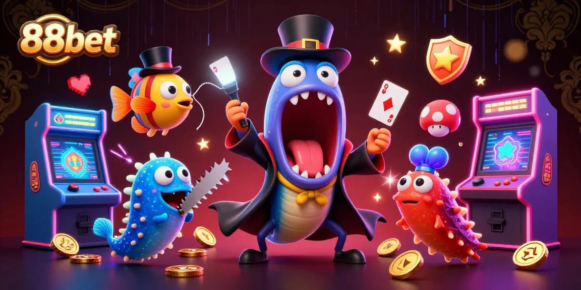 Engage with 88bet's vibrant casino world, showcasing animated characters in a magical card trick setting.