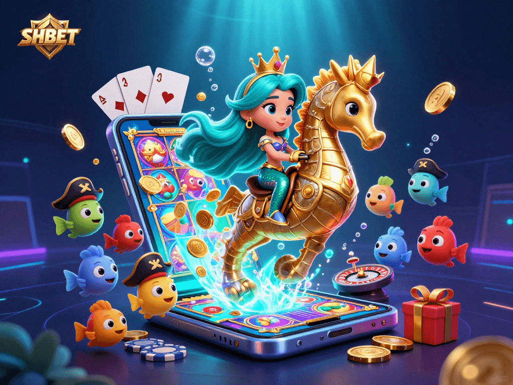 Experience the excitement of SHBET's vibrant gaming world with a colorful illustration of a mermaid riding a seahorse.