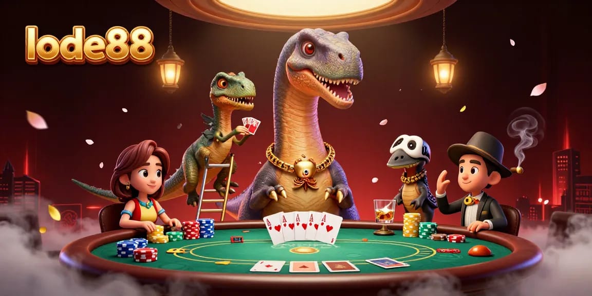 Experience thrilling card action with lode88 at a bustling casino scene featuring a giant dinosaur dealer.