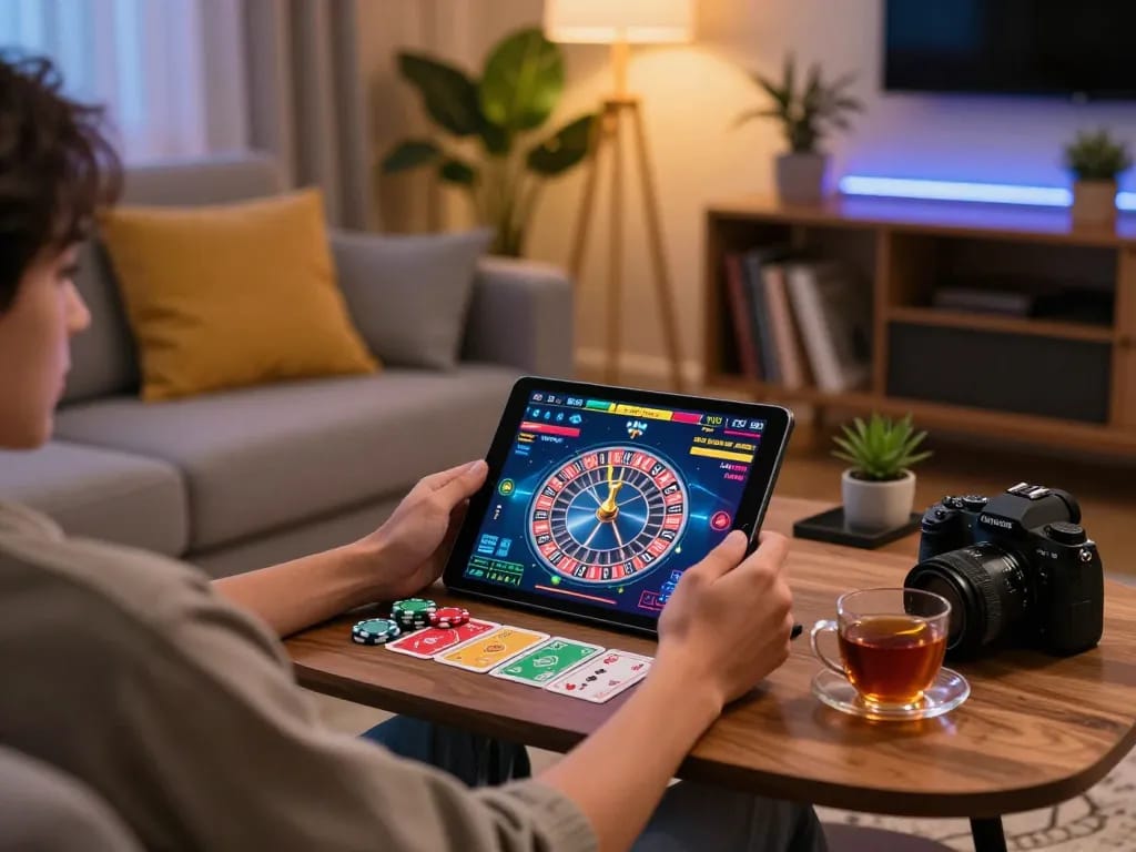 Engaging online gaming scene featuring tablets showing transporthydraulics roulette game with vibrant chips
