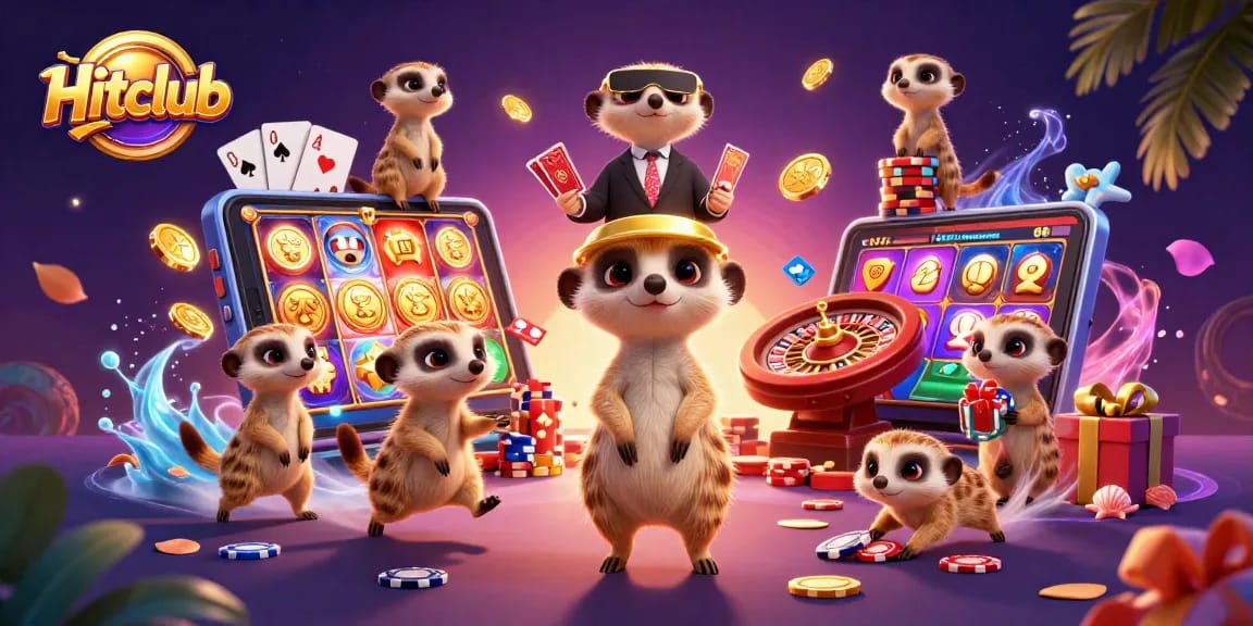 Hitclub invites players to join a lively casino scene featuring meerkats managing games, surrounded by colorful slot elements.