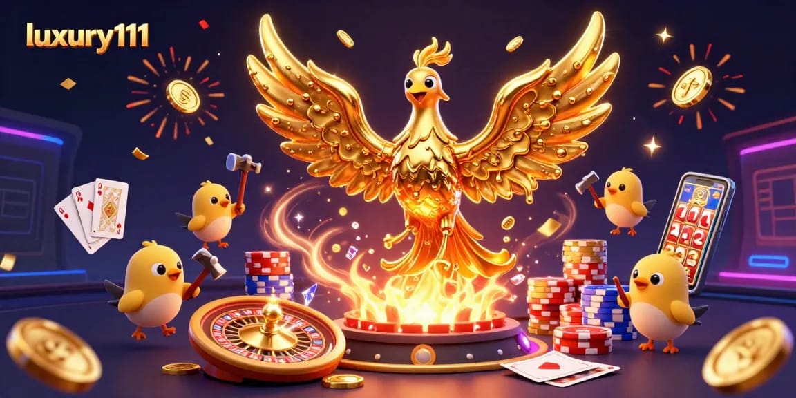 Engage with luxury111’s golden phoenix soaring through a dynamic casino scene filled with games and treasures.