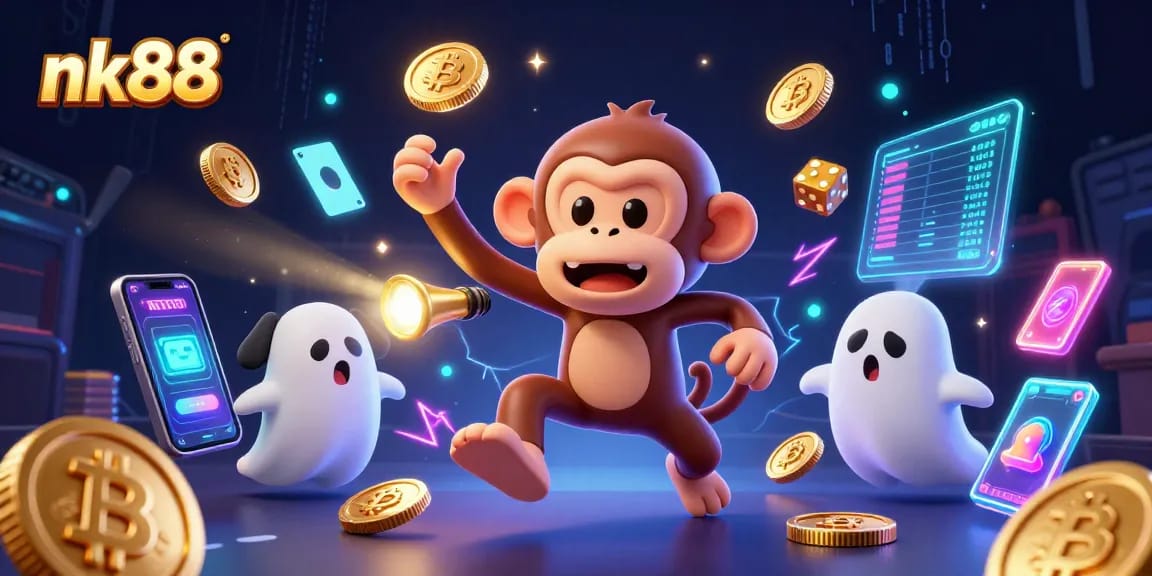 Experience the thrill of nk88 with a playful poltergeist monkey and curious puppy in a vibrant casino scene.