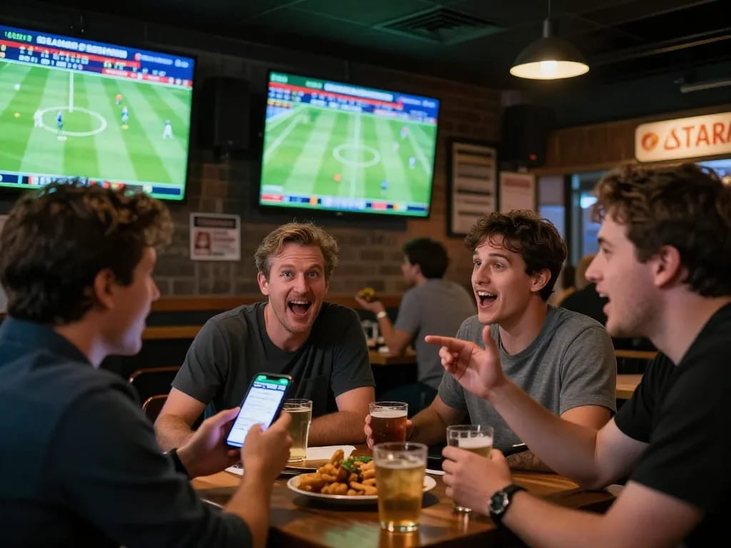 Socolive user engaging with sports betting app at a lively bar, showcasing excitement and interaction