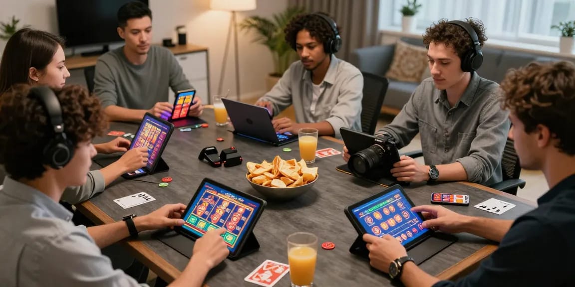 Players enjoying 68gamebai online casino games in a lively home setting.