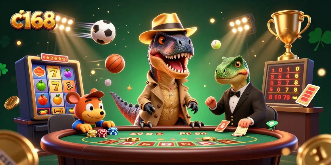Experience exciting gaming with c168: 3D velociraptor at blackjack table amidst slot reels and sports elements.