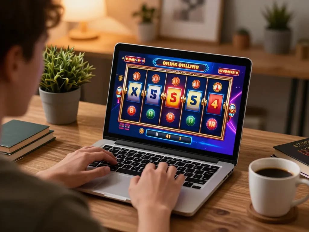Player enjoying immersive jus77 online slot experience in cozy home setting