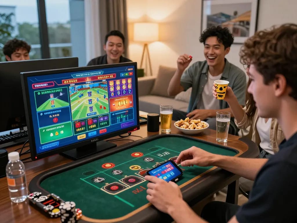 Player enjoying MM88 live casino games on smartphone with friends in a lively home setting.
