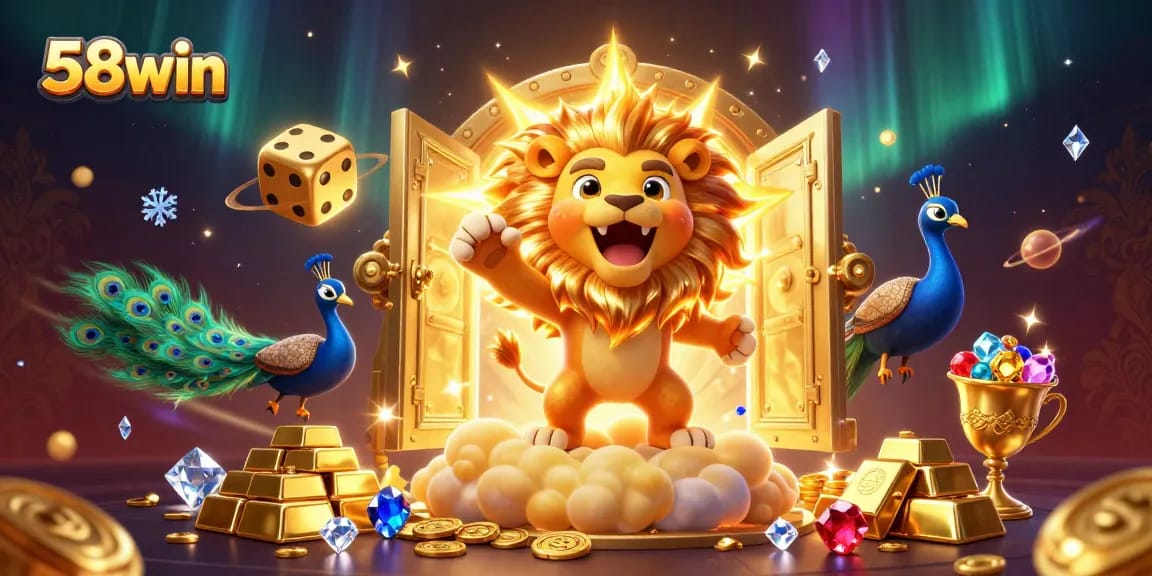 Experience 58win with a thrilling 3D scene of a golden lion, dice, and jewels in a rich casino ambiance.